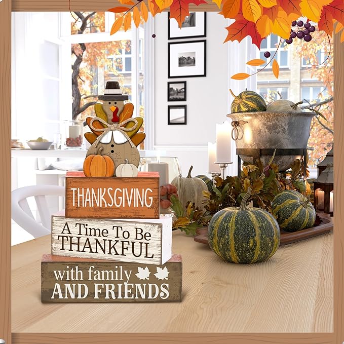 4 Pcs Fall Decoration for Home Thanksgiving Table Decoration Wooden Turkey Fall Tiered Tray Decor Thanksgiving Centerpiece Rustic Decorative Turkey Block Signs Gift Decor for Home Kitchen