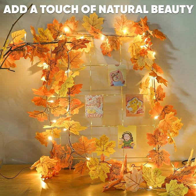 suddus Fall Leaves Garland with Lights, 20LED Battery Operated Fall Lights with Timer, Fall Decoration for Home, Table, Mantle, Office, Outdoor, Autumn, Halloween, Yellow