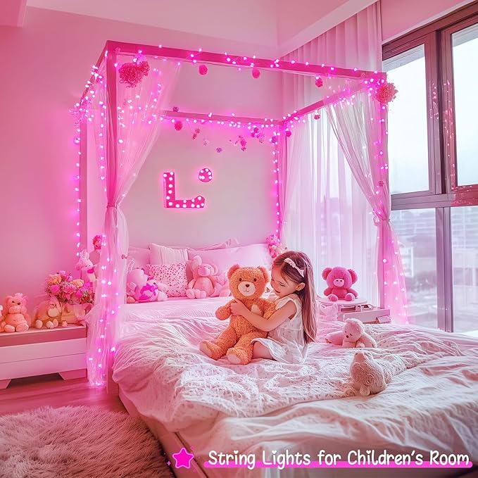 JMEXSUSS 33ft 100 LED Pink String Lights Battery Operated, Pink Fairy Twinkle Lights with 8 Modes Remote Indoor Outdoor for Bedroom Christmas Party Tree Decorations