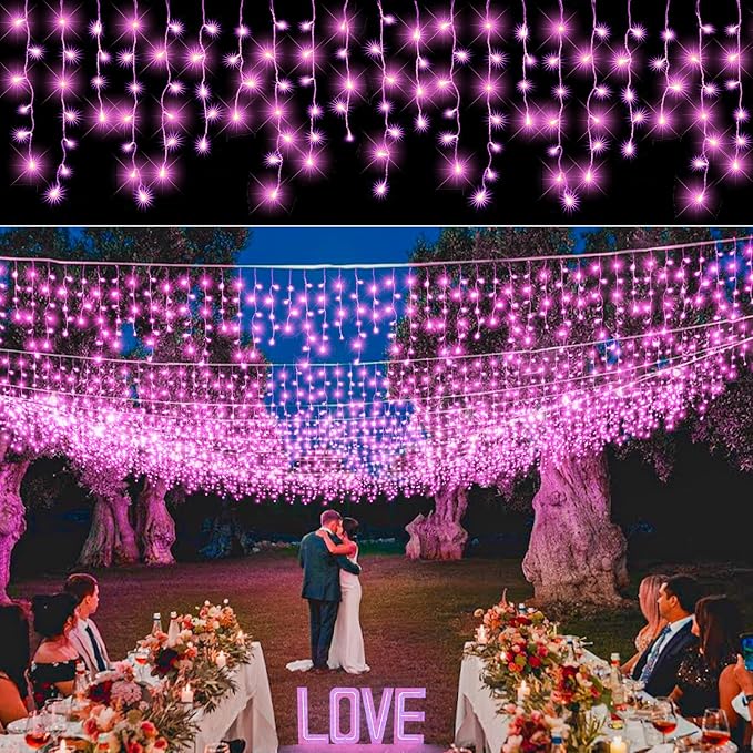 Icicle Lights for Outside, 33FT 400 LED Christmas Lights Outdoor Indoor with 8 Modes 75 Drops, Waterproof Plug in Curtain Twinkle String Light for Home Roof Yard Window Patry Wedding Decor, Pink
