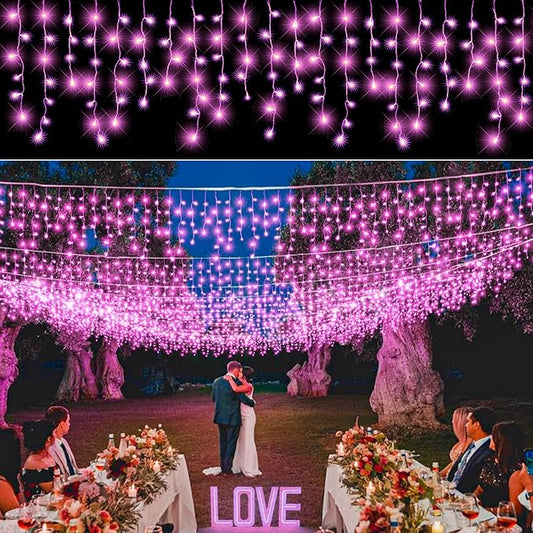 Icicle Lights for Outside, 33FT 400 LED Christmas Lights Outdoor Indoor with 8 Modes 75 Drops, Waterproof Plug in Curtain Twinkle String Light for Home Roof Yard Window Patry Wedding Decor, Pink