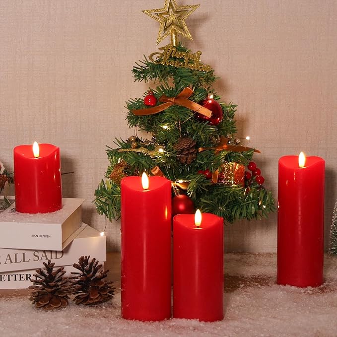 NURADA Outdoor Flameless Candles with Remote Timer - Waterproof Realistic Flickering LED Pillar Electric Battery Operated Fake Candle for Home Wedding Christmas Decor - 3 Pack Red(D3”H4”6”8”)