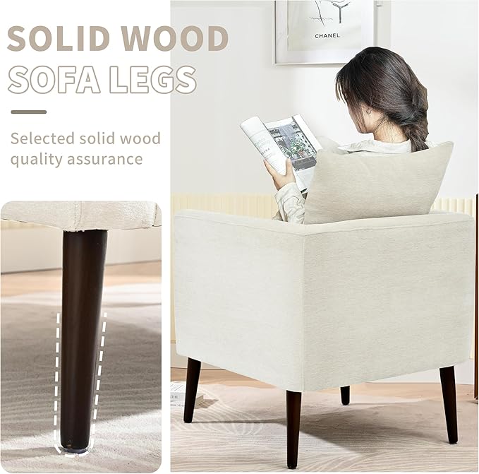 Barrel Accent Chair with Back Pillow, Large Upholstered Armchair with Solid Wood Legs Modern Reading Chairs for Living Room Bedroom