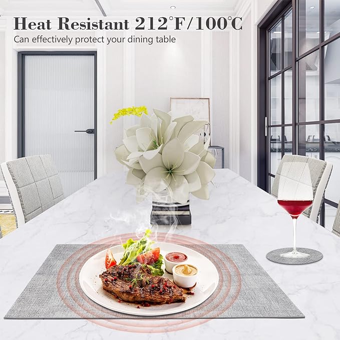 Faux Leather Placemats Set of 6,Heat Resistant Placemats for Dining Table, Easy Clean Non-Slip Place Mats, Waterproof Stain Resistant Wipeable Washable PU Table Mats, (Light Grey)