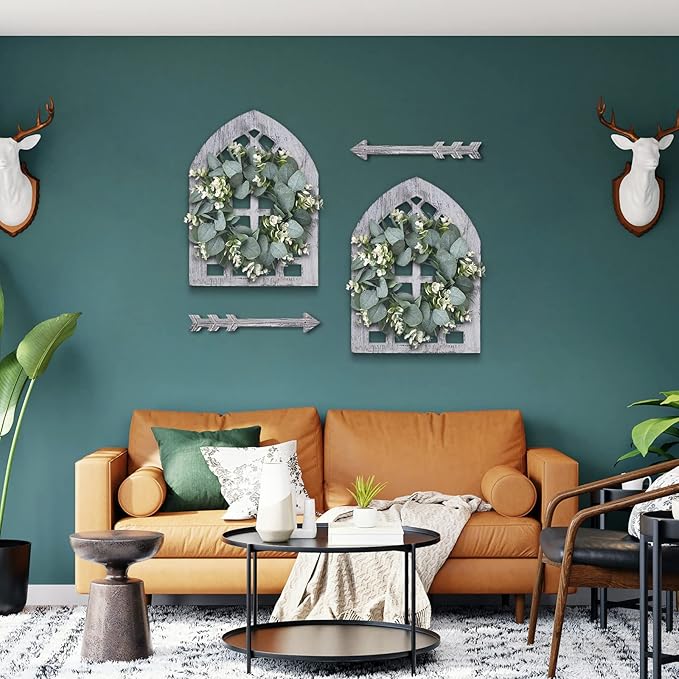 Rustic Wood Window Frame with Green Wreath and Arrows Wall Decor，Farmhouse Window Frame Hanging Decor, Wooden Fake Decoration,Window Pane Wall Decor,Set of 2 (windows white)