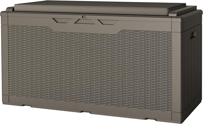 JUMMICO 100 Gallon Resin Deck Box with Cushion, Waterproof Outdoor Storage Box with Lockable Lid for Garden Tools, Patio Cushions (Light Brown)