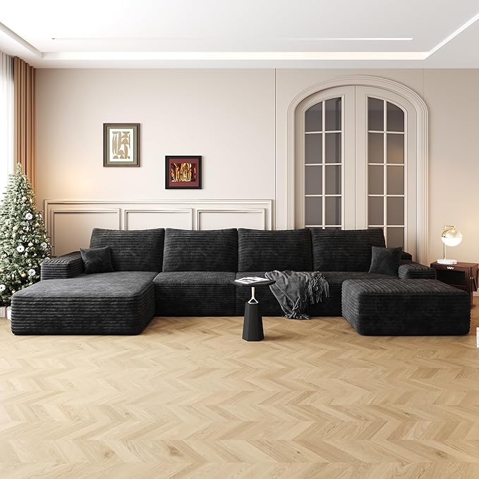 136" Sectional Couches for Living Room Modern Modular Sofa with L-Shape Couchs Upholstered Boneless Couch Deep Seat Sectional Couch with Chaise (Black, Left Facing Chaise+3Seaters+Ottoman)