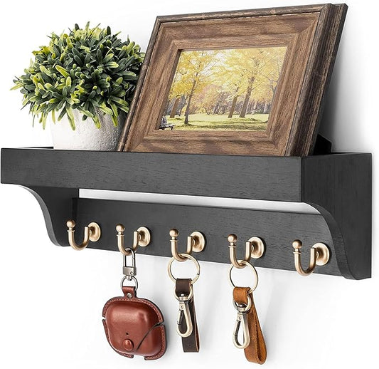 Rebee Vision Key Holder for Wall with Shelf : Decorative Key Organizer with 5 Rustic Keys Hooks and Primitive Wood Mail Organizer Wall Mount - Entryway Décor (Black)