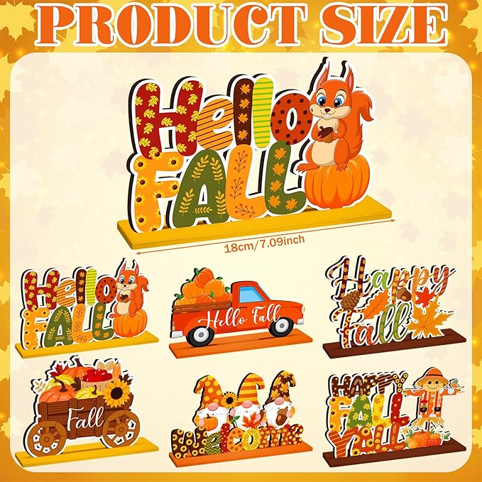 6 Pcs Fall Decorations for Home Fall Table Centerpiece Hello Autumn Wooden Table Sign Pumpkin Gnome Truck Gnome Wood Tabletop Decor Autumn Harvest Party Decorations for Home, 6 Styles