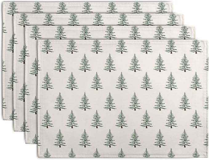 Pine Trees Christmas Placemats Set of 4 Xmas Tree Vintage Rustic Print Place Mats Winter Holiday Green White Farmhouse Linen Table Mats for Indoor Outdoor Kitchen Dining Party Decor