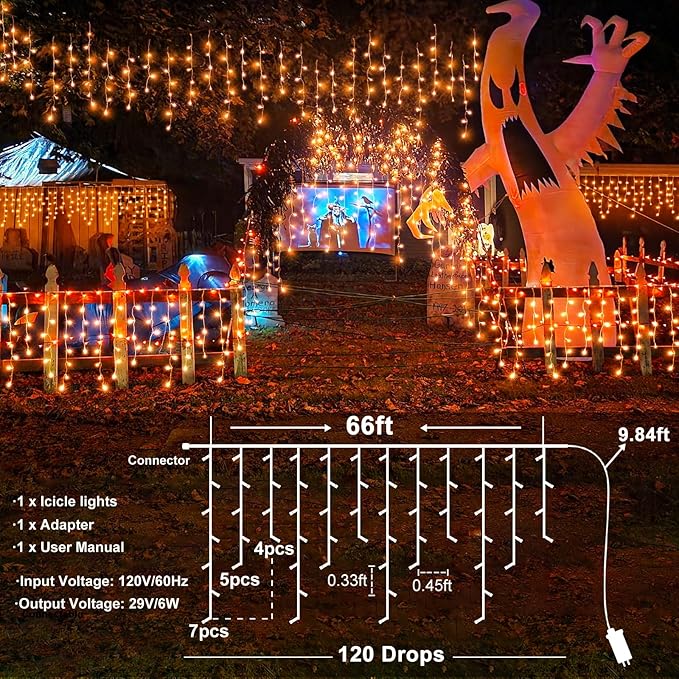 Orange Halloween Lights Outdoor Indoor, 66ft Icicle Lights for Outside, 640 LED Twinkle String Lights with 120 Drops Clear Wire Short Curtain Lights for Room Home Wall Bedroom Decor