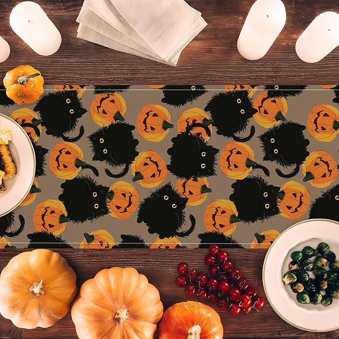 Halloween Table Runner Black Cat Pumpkins Seasonal Kitchen Dining Table Home Outdoor Party Decorations 13x90 Inch