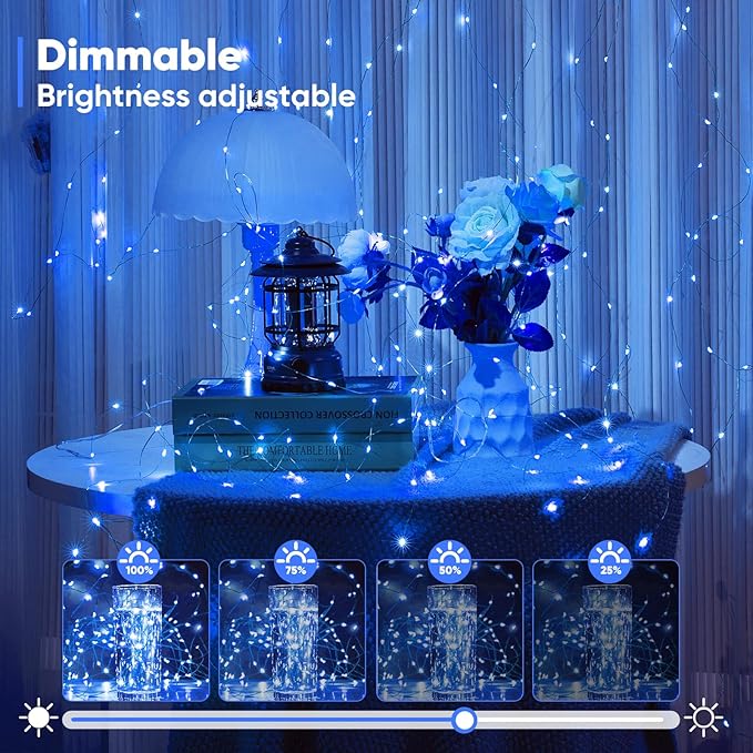 4 Pack 65.6 Ft. Battery Operated Outdoor String Lights with Remote & Timer, LED Blue Fairy Lights, Waterproof Twinkle Lights for Bedroom, Dorm, Mason Jar, Wedding, Party, Christmas