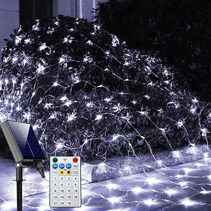 Solar Net Lights Outdoor Mesh Lights White, 200 LED Net Lights Christmas, Waterproof 19 Modes Timer Tree Wrap Lights for Fence, Garden, Yard, Bushes, Trunk, Halloween Decor-9.8ft x 6.6ft