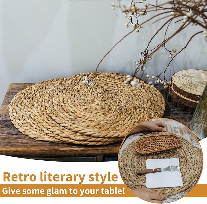 Defined Deco Woven Placemats Set of 10,13.5" Round Rattan Placemats,Farmhouse Weave Rustic Braided Wicker Table Mats for Dining Table Home Wedding