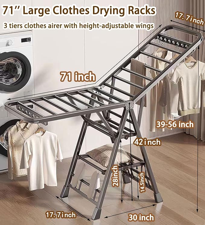 Mimiblack Heavy Duty Clothes Drying Rack Foldable with Wheels, 71'' Extra-Thick Metal Laundry Dryer Stand, 27 Rods Free-Standing for Indoor/Outdoor Windproof Use - Large Size