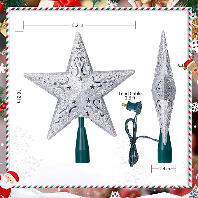 8" Silver Glittered Hollow Christmas Star Tree Topper with Built-in 10-Bulb String Lights and 2 Fuses for Holiday Decor, Green Base