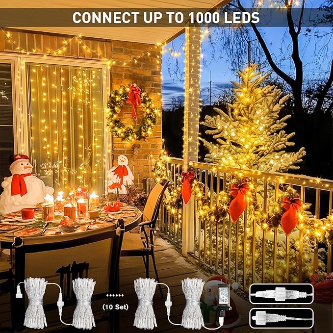 JMEXSUSS Connectable Warm White String Lights Indoor Bedroom, 8 Modes Christmas String Light Plug in Christmas Tree Lights, 33ft 100 LED Fairy Twinkle Light Outdoor for Home Garden Xmas Tree Decor