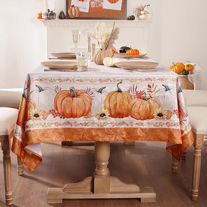 Softalker Fall Jacquard Rectangle Tablecloth, Thanksgiving Pumpkins Waterproof Table Cloth, Autumn Harvest Washable Table Cover for Holiday, Dining, Party Decor, 52 x 70 Inch