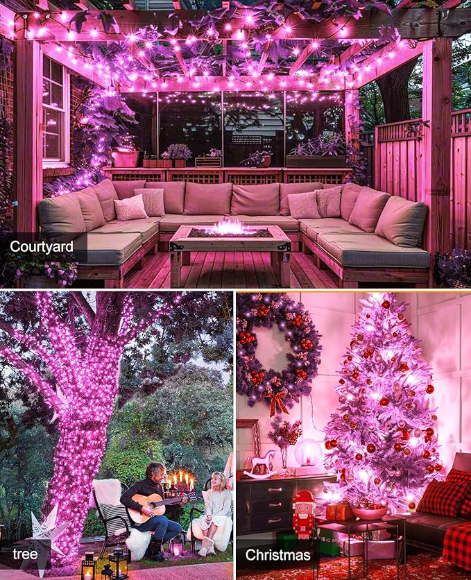 40FT 120 LED Christmas Lights Outdoor, Green Wire Christmas Tree Lights with 8 Modes & Waterproof, Connectable Plug in String Light for Indoor Bedroom Garden Party Wedding Decorations, Pink