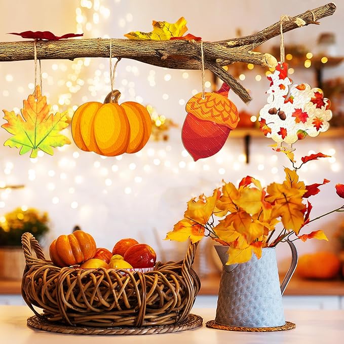 36PCS Wooden Fall Ornaments to Paint Thanksgiving Decorations, 6 Styles DIY Blank Autumn Unfinished Wood Maple Leaves Turkey Pumpkin Halloween Cutouts Ornament for Crafts Birthday Party Gifts Hanging