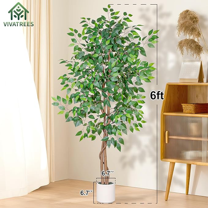 6FT Artificial Ficus Tree with White Planter, Realistic Faux Silk Indoor Outdoor Plant for Home Office Living Room, Porch, Garden Decor