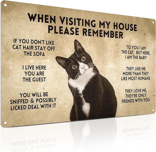 ALKB Funny Tuxedo Cat-Themed Sign 8x12 Inch - Visitor’s Guide to Interacting with Cats - Gift for Cat Lovers’ Home Decor