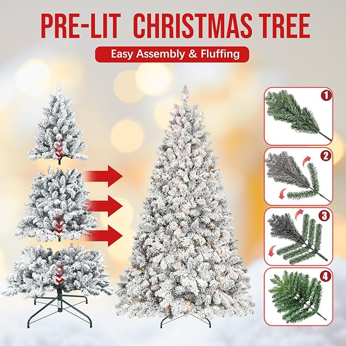 5ft Pre-lit Flocked Christmas Tree, Artificial Christmas Tree with Lights, Snow Frosted Christmas Trees Pre-lit with Pine Cones & 300 UL Lights, 600 Tips, Hinged Easy Setup Xmas Tree