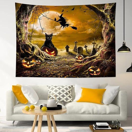 LB Halloween Wall Tapestry Horror Witch Cat and Dead Tree Pumpkin Lights with Spooky Graveyard Tapestry Orange Full Moon over Misty Forest Wall Decor for Bedroom Living Room Dorm 60x40 Inches