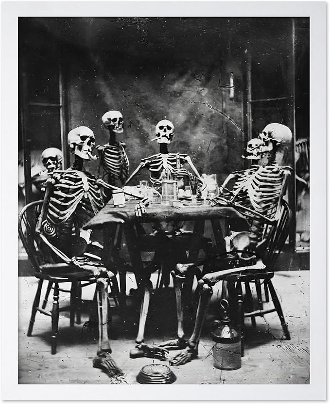 Poster Master Vintage Photograph Poster - Retro Daguerreotype Print - Gift for Artist, Friend - Skeletons Smoking at Table, Dinner Party, Goth - Wall Decor for Home, Dorm, 11x14 White Framed