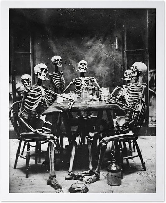 Poster Master Vintage Photograph Poster - Retro Daguerreotype Print - Gift for Artist, Friend - Skeletons Smoking at Table, Dinner Party, Goth - Wall Decor for Home, Dorm, 16x20 White Framed