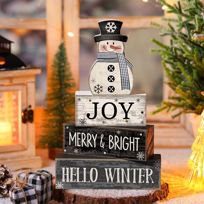 4 Pcs Snowman Christmas Decor Winter Table Decorations Christmas Tiered Tray Decor Winter Centerpiece Decorations Indoor Rustic Wooden Snowman Block Sign Gift Farmhouse for Home Kitchen