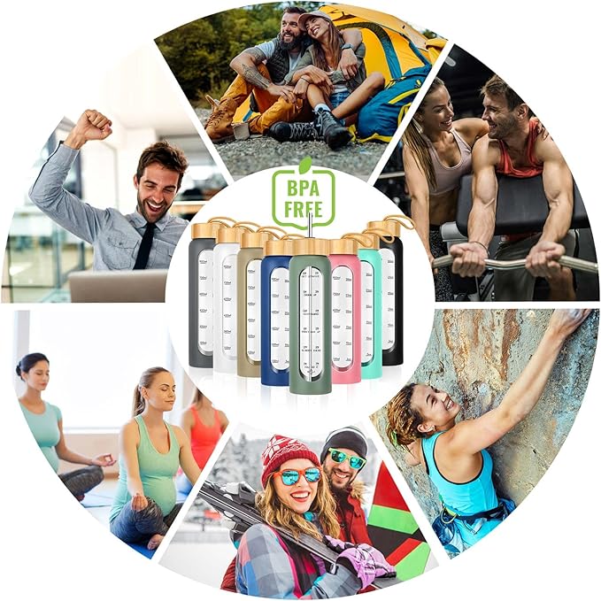 32 oz Glass Water Bottle with Straw - Motivational Time Marker & Silicone Sleeve - Reusable Tumbler Includes 2 Bamboo Lids & Fruit Infuser - 1 Pack