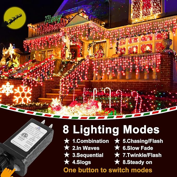 KNONEW Christmas Lights Outdoor Decorations 400 LED 33ft 8 Modes Curtain Fairy String Light with 75 Drops, Clear Wire LED Hanging Light Decor for Wedding Party Holiday Christmas Decorations (Red)
