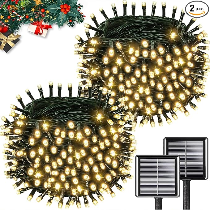 Solar String Lights Outdoor Waterproof 2PK 200LED 66FT Twinkle Lights Auto On/Off Solar Powered LED Fairy Light Green Wire with 8 Modes for Christmas Tree Party Wedding Garden Decoration (Warm White)