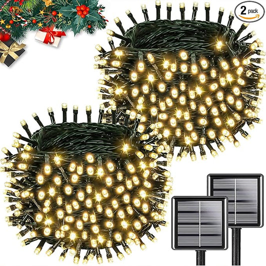 Solar String Lights Outdoor Waterproof 2PK 200LED 66FT Twinkle Lights Auto On/Off Solar Powered LED Fairy Light Green Wire with 8 Modes for Christmas Tree Party Wedding Garden Decoration (Warm White)