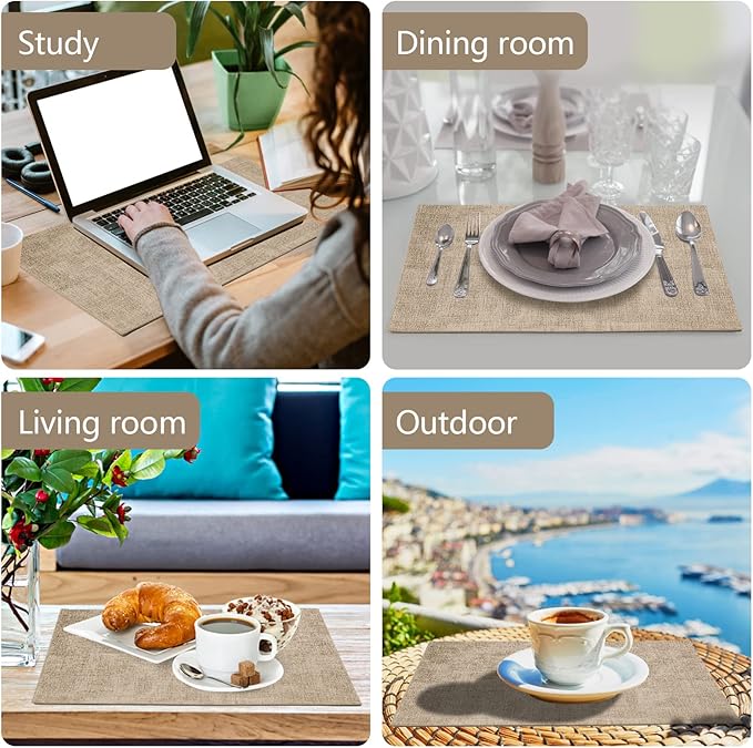 Faux Leather Placemats Set of 6,Heat Resistant Placemats for Dining Table, Easy Clean Non-Slip Place Mats, Waterproof Stain Resistant Wipeable Washable PU Table Mats, (Light Brown)