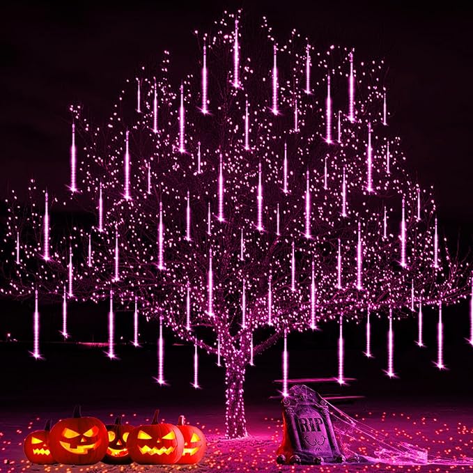 Purple Christmas Lights Outdoor Meteor Shower Lights 8 Tubes 192 LED Falling Rain Dripping Icicle Light for Xmas Christmas Decor Halloween Decorations, Halloween Light Outdoor, UL Plug