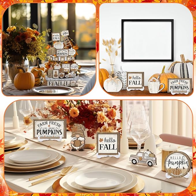 24 Pcs Fall Tiered Tray Decoration Set Thanksgiving Table Sign Pumpkins Farmhouse Decor Gnome Maple Leaves Decorative Trays Harvest Wood Blocks Signs Fall Block Tabletop for Autumn
