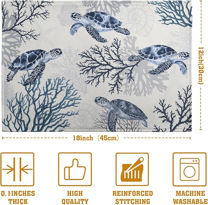 Coastal Beach Placemats Set of 4 Nautical Theme Coral Sea Turtle Navy Blue Place Mat 12x18 Inch Seasonal Summer Ocean Washable Linen Fabric Table Mats for Party Kitchen Dining Decoration