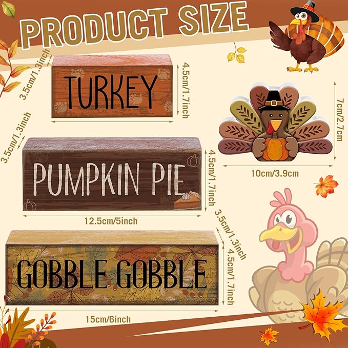 4 Pcs Fall Decorations for Home Thanksgiving Tiered Tray Decor Fall Table Decor Thanksgiving Centerpiece Rustic Wooden Turkey Block Sign for Autumn Harvest Party Table Kitchen Shelf