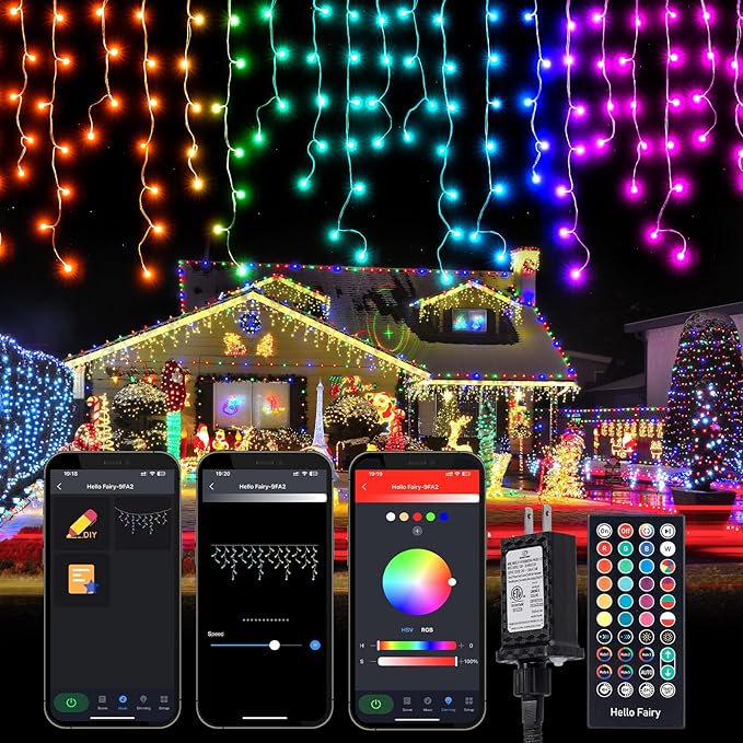 Brightown Smart Icicle Lights for Outside, 66Ft 608 LED RGB Smart Christmas Lights with 58 Preset Modes, App or Remote Control, Music Sync, Memory and Timer Function for Indoor/Outdoor Use