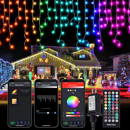 Brightown Smart Icicle Lights for Outside, 66Ft 608 LED RGB Smart Christmas Lights with 58 Preset Modes, App or Remote Control, Music Sync, Memory and Timer Function for Indoor/Outdoor Use