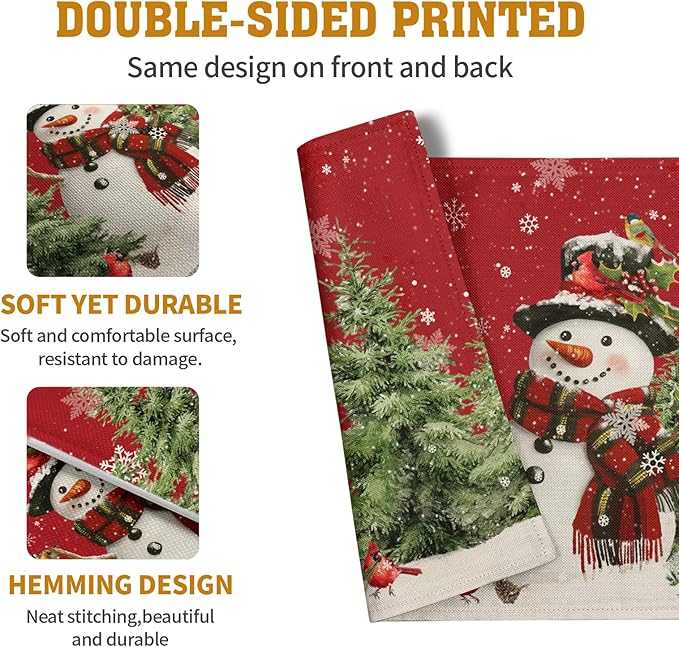Snowman Christmas Red Placemats Set of 4 Xmas Tree Cardinal Snowflakes Linen Table Mats Seasonal Winter Holiday Place Mats Washable Placemat for Party Kitchen Dining Outdoor Indoor Decor