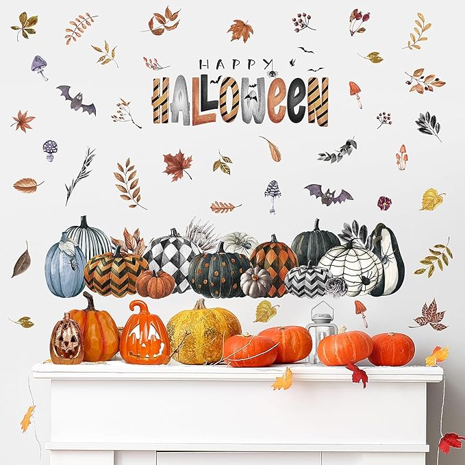 clothmile 40.15 x 38.58 Inch Happy Halloween Pumpkins Wall Decals Halloween Leaves Bat Spider Wall Stickers Halloween Removable Wall Sticker for Halloween Party Supplies Home Wall Decor