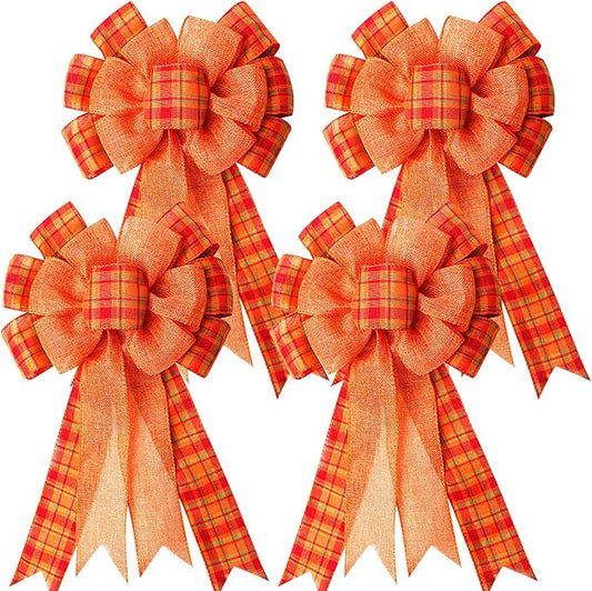 Iceyyyy 4Pcs Large Fall Thanksgiving Wreath Gift Bow -18.8x10.6inch Orange Buffalo Plaid Check Wreath Swag Bow Wreath Pre-Tied Bow for Fall, Thanksgiving, Christmas, Home Indoor Outdoor Ornaments