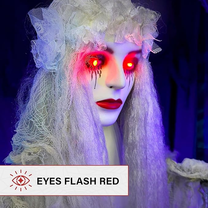 Haunted Hill Farm Life-Size Scary Ghost Bride, Halloween Animatronic with Touch Activated Lights and Sound, Battery Operated Indoor or Covered Outdoor Halloween Decorations, Creepy Halloween Prop