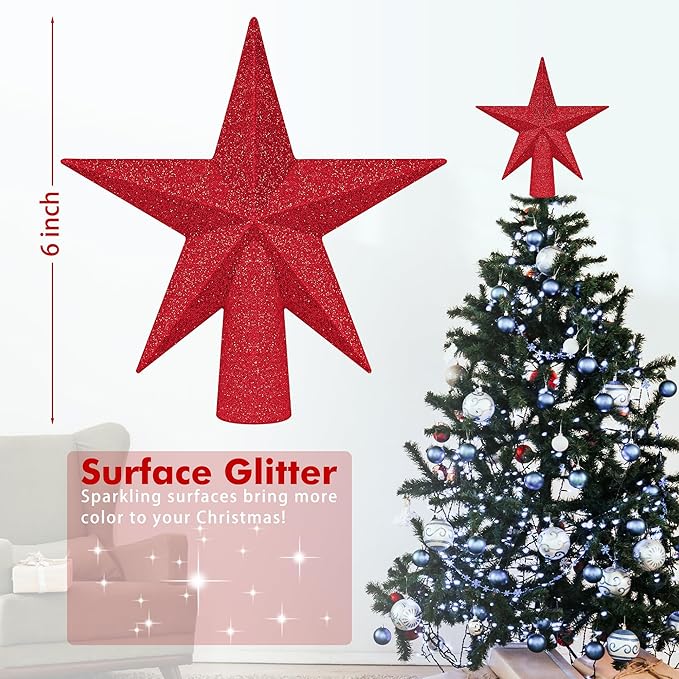 Star Tree Topper, 6" Red Christmas Tee Topper Decorations, Glitter 3D Xmas Bethlehem Star Waterproof Shatter-Proof, Christmas Tree Topper Ornament Decor for Christmas Holiday Party Indoor Outdoor Use
