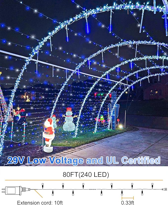 80FT 240 LED Christmas Lights Outdoor, Plug in Christmas Tree Lights Waterproof, 8 Modes & Timer, Connectable Green Wire String Light for Indoor Home Garden Party Holiday Decorations, Blue White