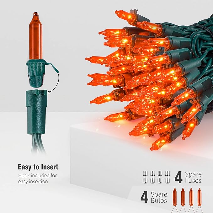 Hopolon Mini Orange Halloween Lights, 2PACk 50 Incandescent Christmas String Lights, 13FT 120V UL Certified Xmas Tree Lights for Christmas, Patio, Holiday, Party, Home, Indoor Outdoor Decor, Orange